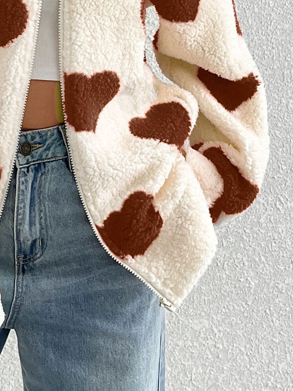 Heart Zip Up Drop Shoulder Furry Jacket