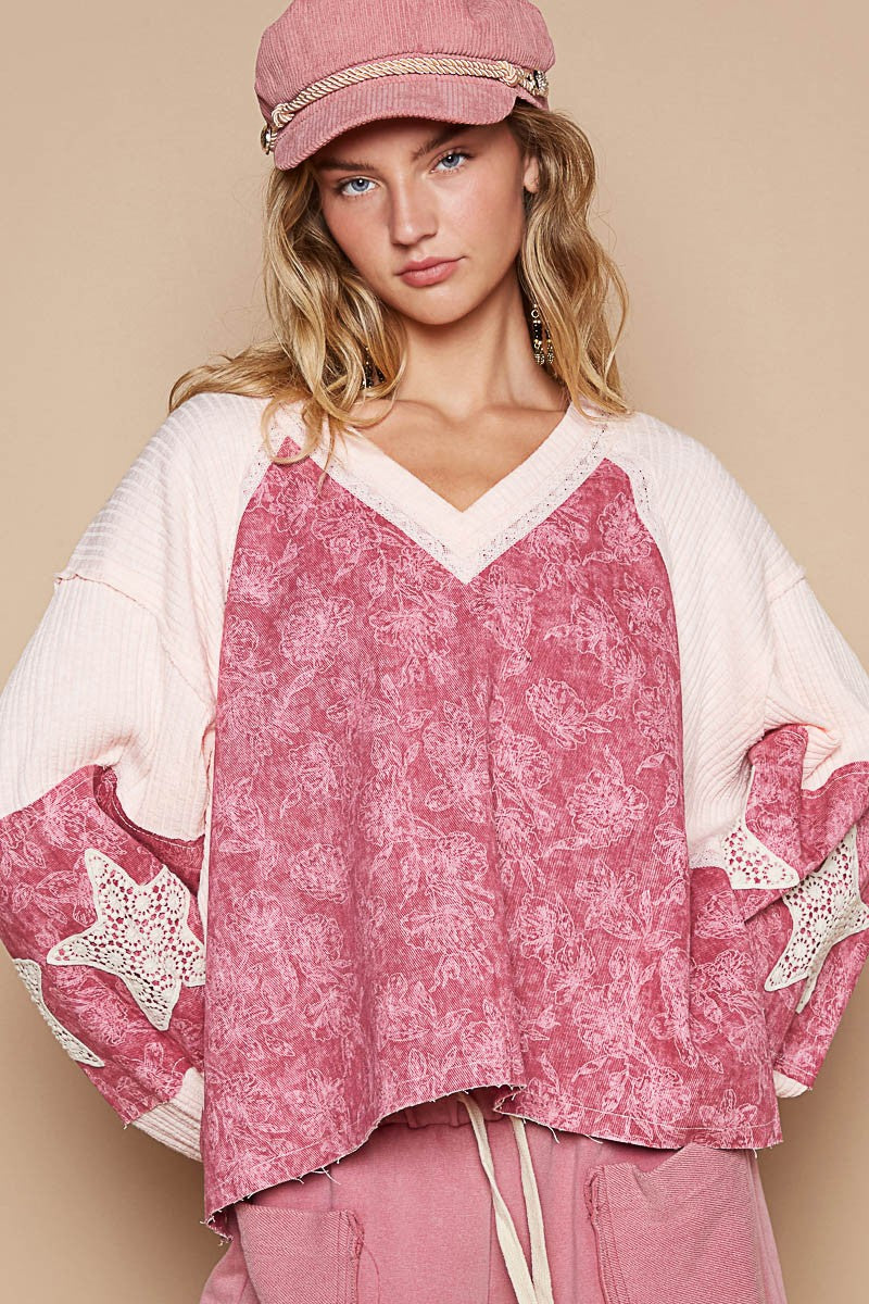 POL Lace Detail Floral Pattern V Neck Top