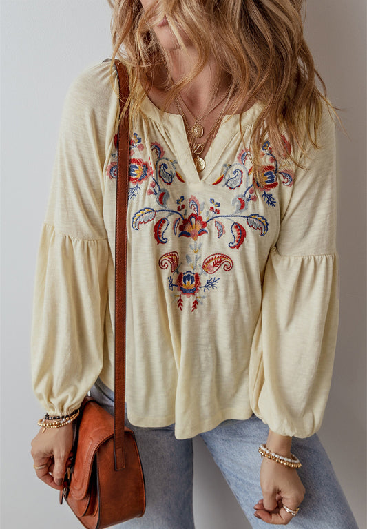 Embroidered Notched Long Sleeve Blouse