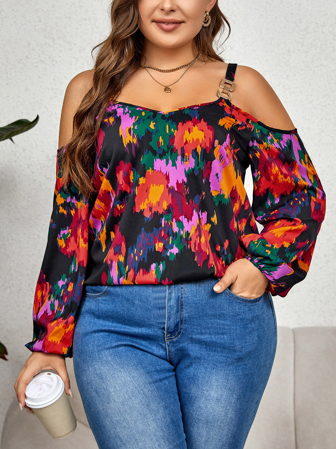 Plus Size Printed Cold Shoulder Long Sleeve Blouse