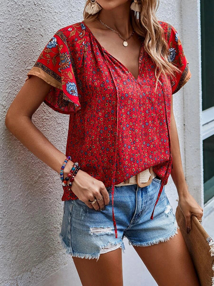 Printed Short Sleeve Tie Neck Blouse