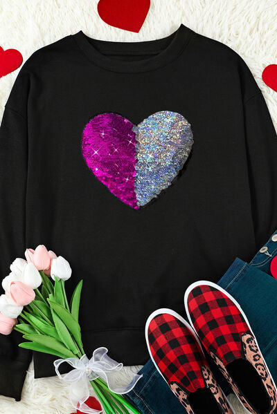 Heart Sequin Round Neck Dropped Shoulder Sweatshirt