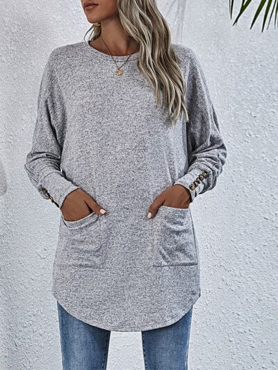 Buttoned Round Neck Long Sleeve T-Shirt