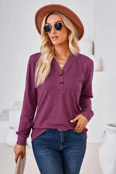 Notched Button Detail Long Sleeve T-Shirt