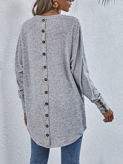 Buttoned Round Neck Long Sleeve T-Shirt