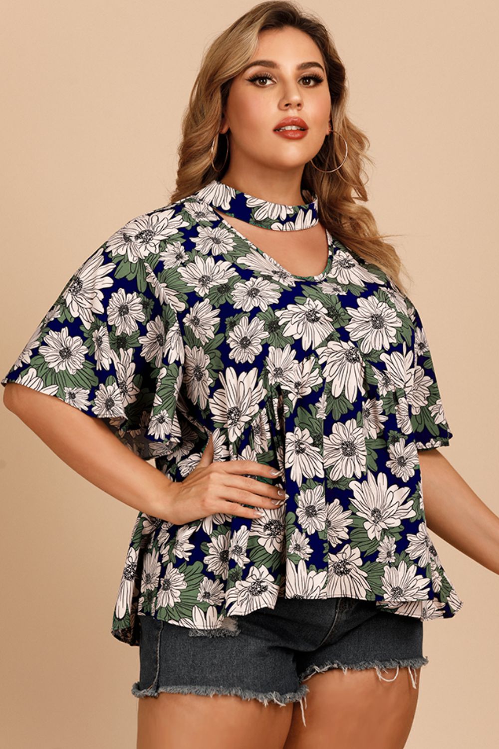 Plus Size Floral Flutter Sleeve Cutout Blouse